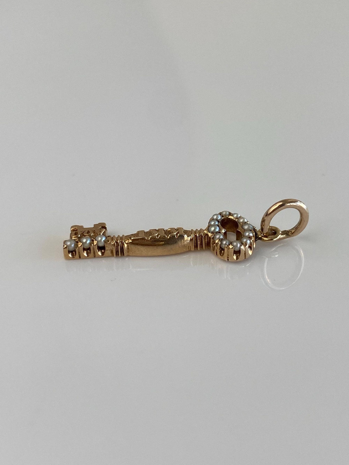 Vintage Solid 10k Yellow Gold Seed Pearls Key Charm