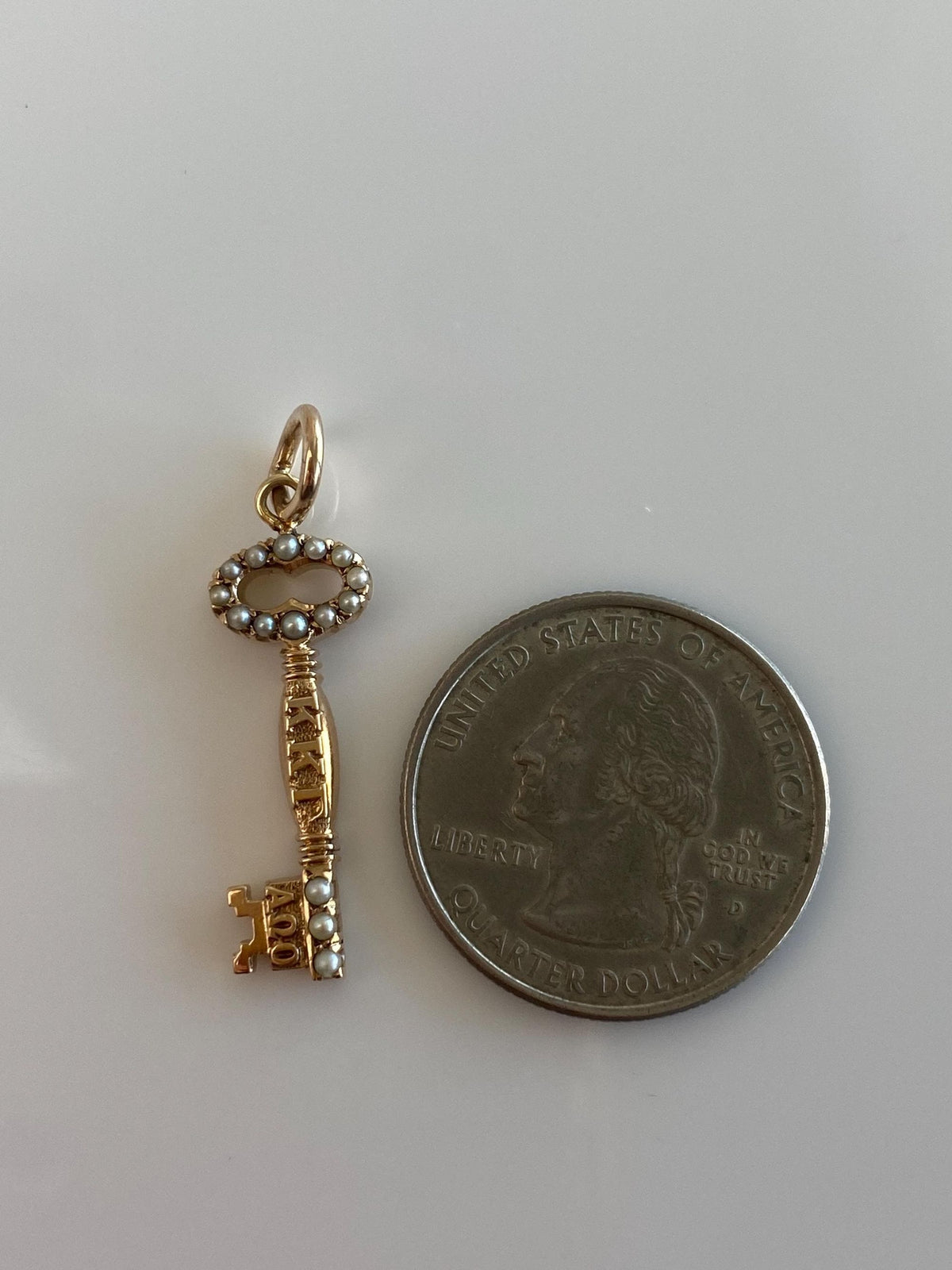 Vintage Solid 10k Yellow Gold Seed Pearls Key Charm