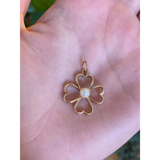 Vintage 14k Yellow Gold Pearl Clover Charm