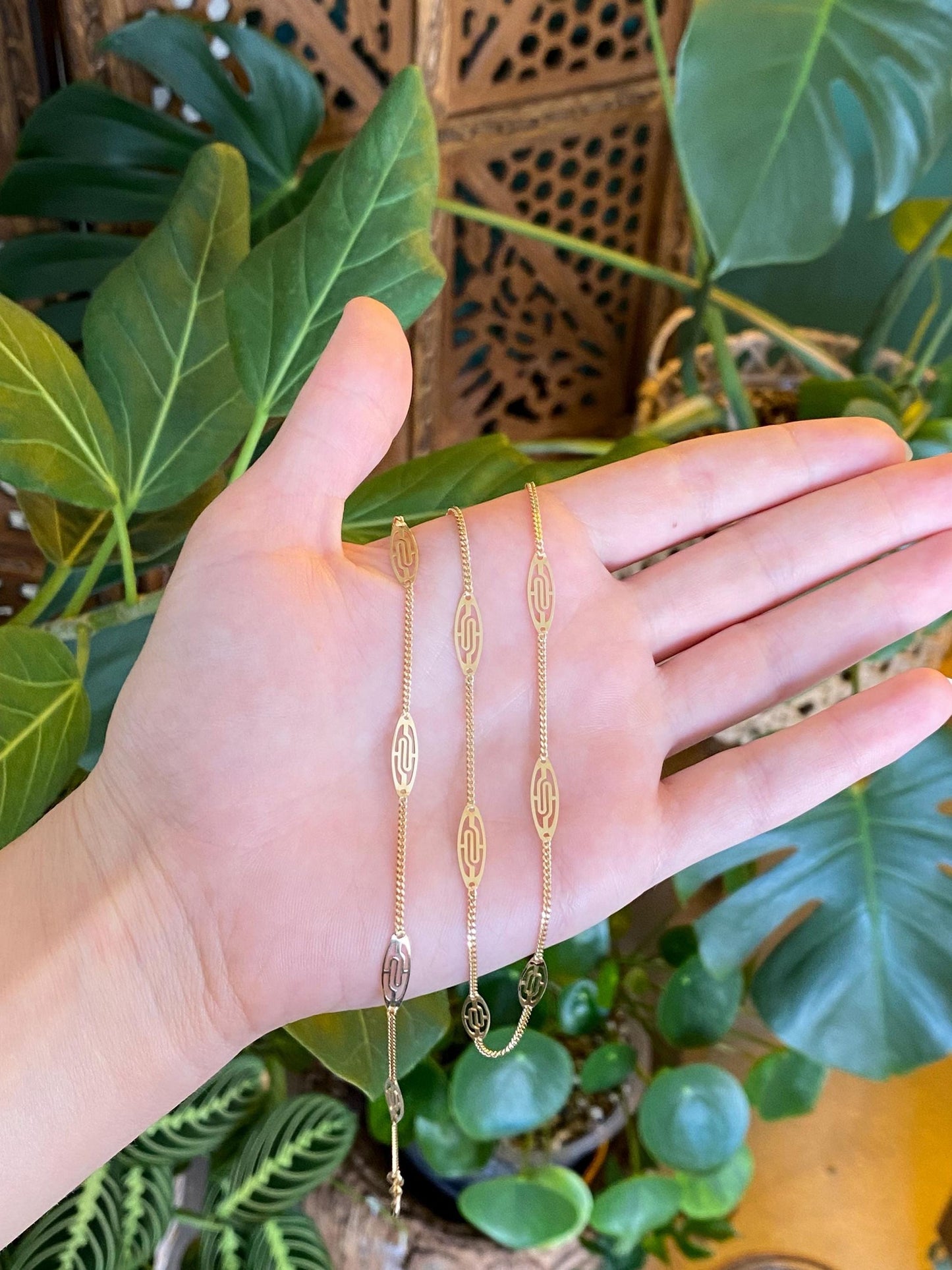 Vintage Solid 14k Yellow Gold Station Tight Curb Chain Necklace - 23.5 inches