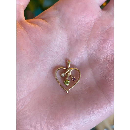 Solid 14k Yellow Gold Peridot Clear & Pink Sapphire Heart Charm