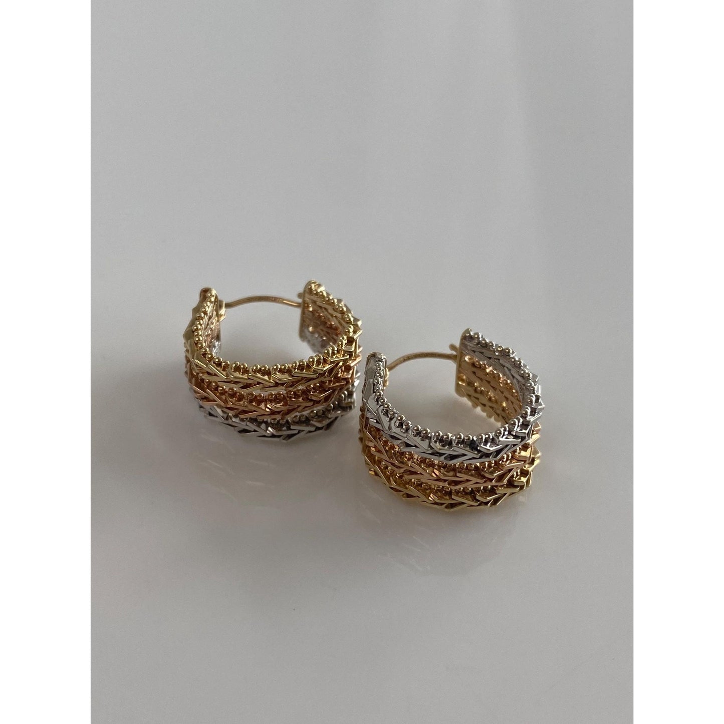 Solid 14k Tri Tone Gold Woven Hoop Earrings