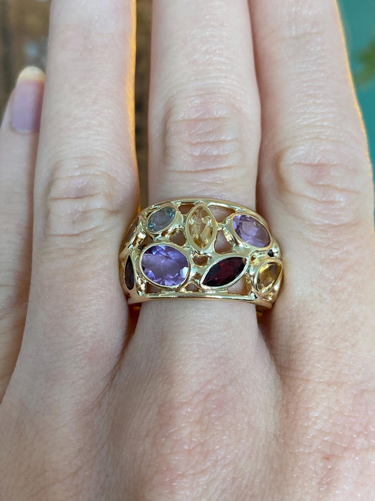 Vintage Solid 14k Yellow Gold Amethyst Topaz Citrine Garnet Open Work Open Ring Band - Size 6.5