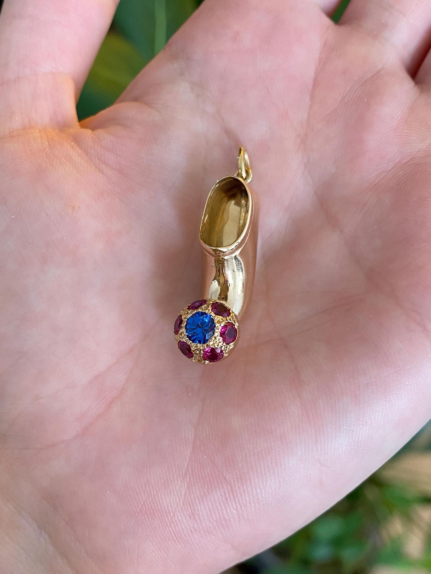 Vintage Solid 18k Yellow Gold Blue Spinel Pink Sapphire Halo Slipper Charm