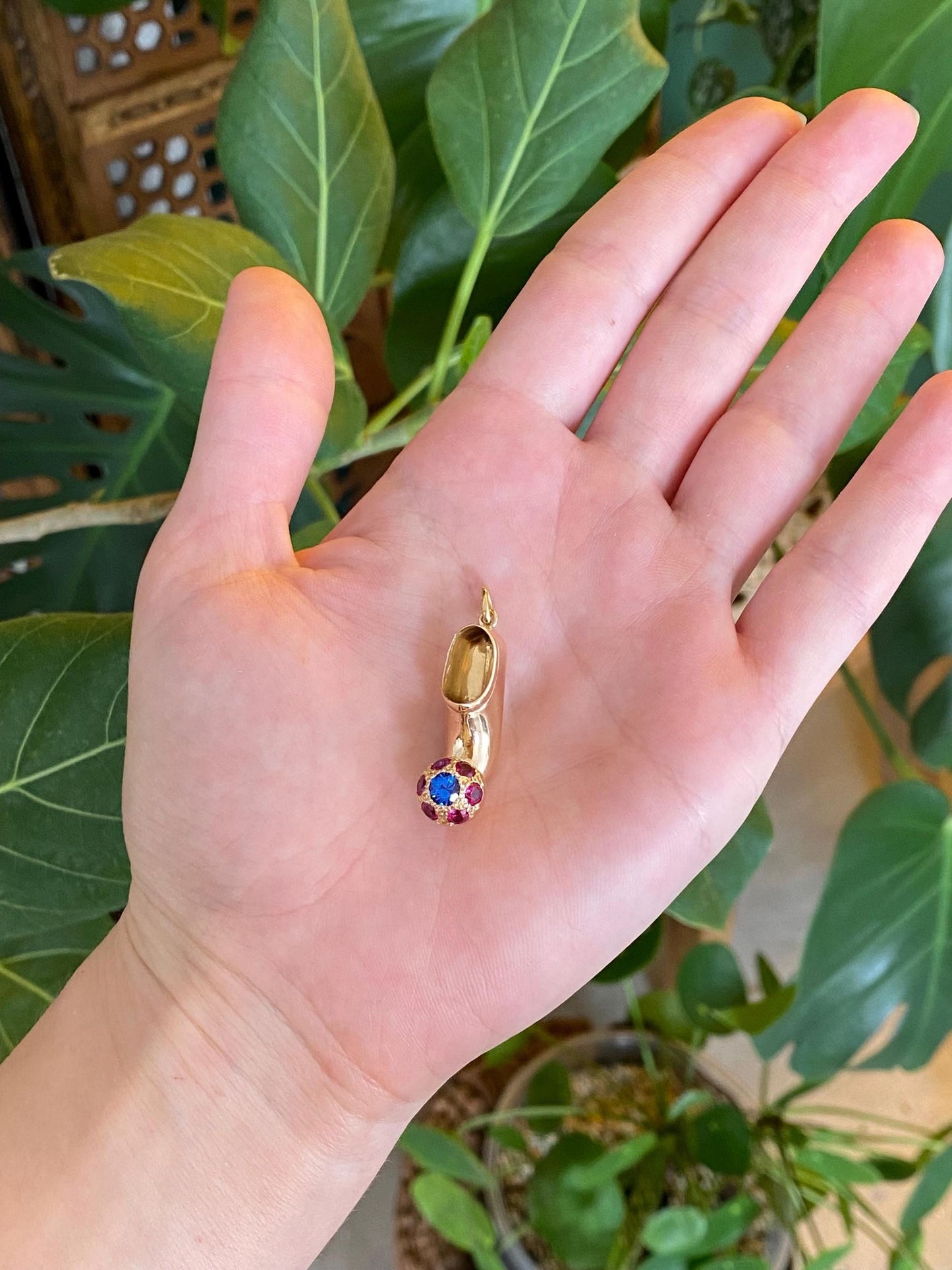Vintage Solid 18k Yellow Gold Blue Spinel Pink Sapphire Halo Slipper Charm