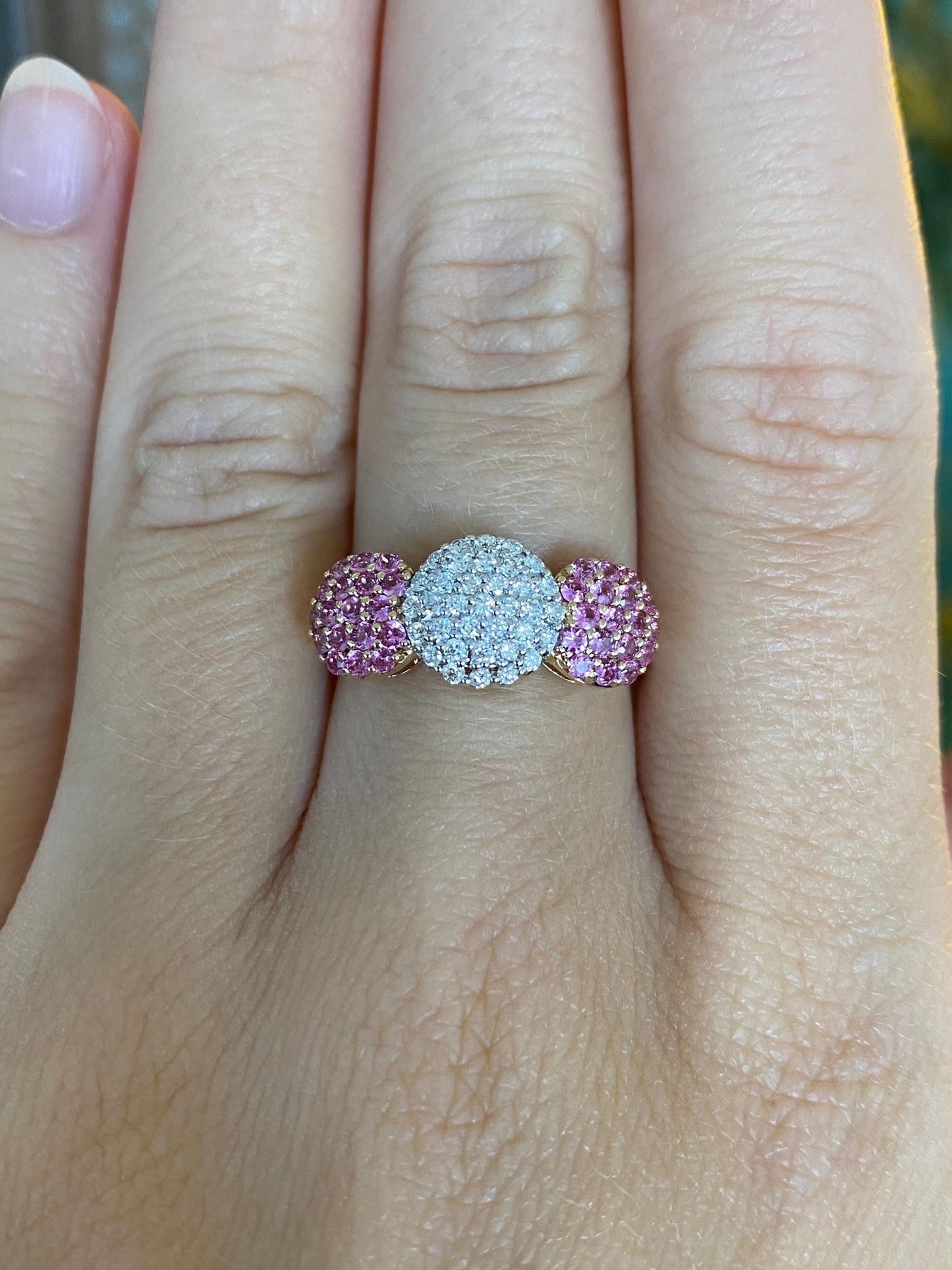 Vintage Solid 14k White & Yellow Gold Diamond Pink Spinel Clusters Ring - Size 6.75