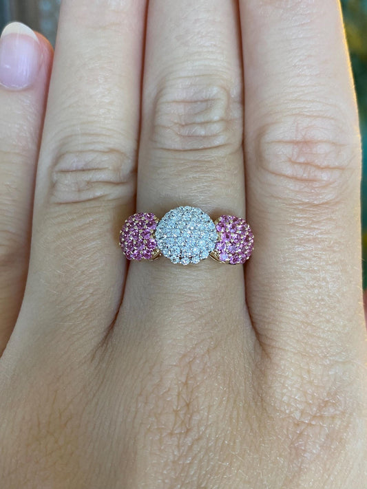 Vintage Solid 14k White & Yellow Gold Diamond Pink Spinel Clusters Ring - Size 6.75