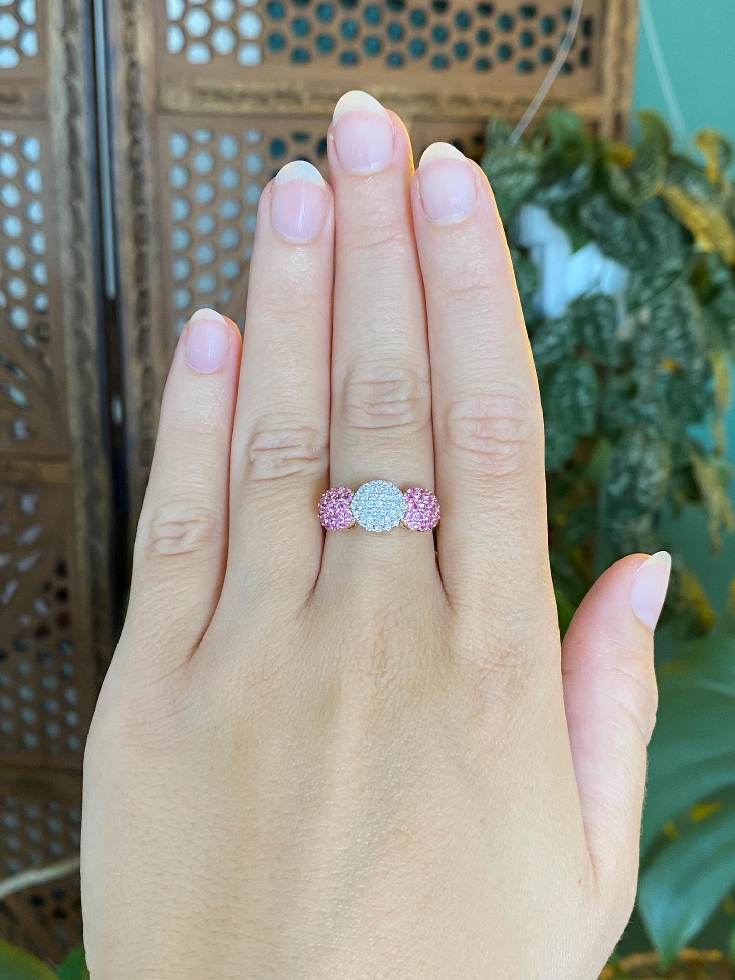 Vintage Solid 14k White & Yellow Gold Diamond Pink Spinel Clusters Ring - Size 6.75