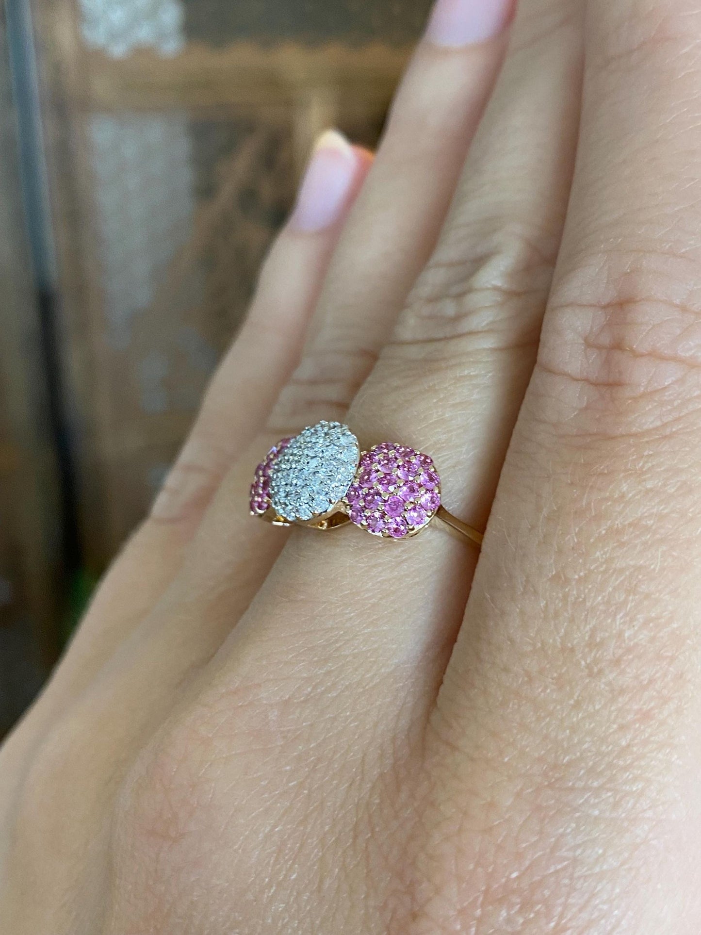Vintage Solid 14k White & Yellow Gold Diamond Pink Spinel Clusters Ring - Size 6.75