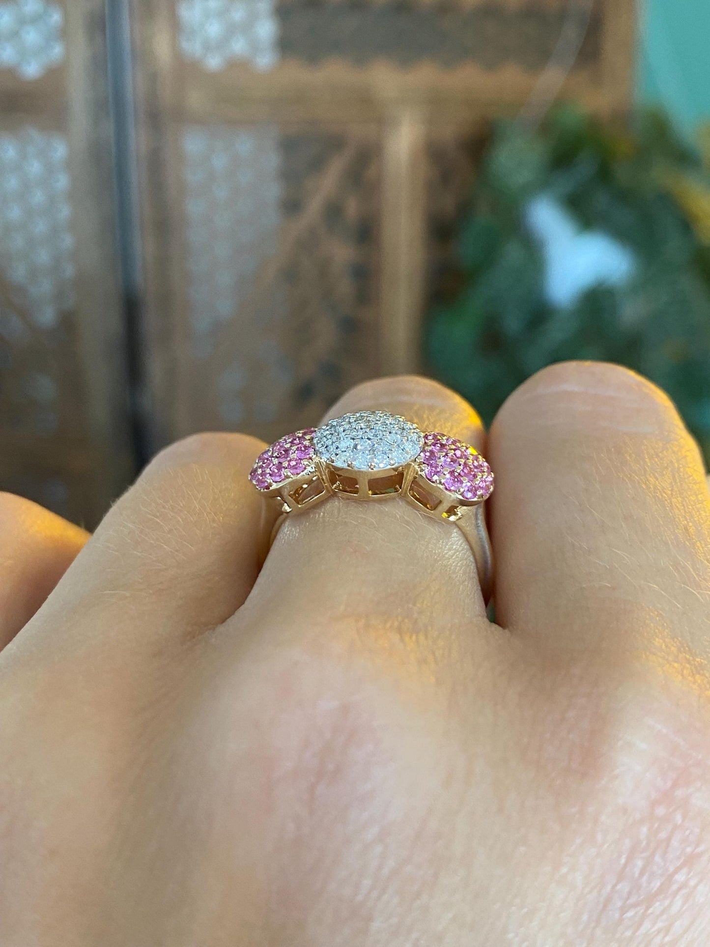 Vintage Solid 14k White & Yellow Gold Diamond Pink Spinel Clusters Ring - Size 6.75