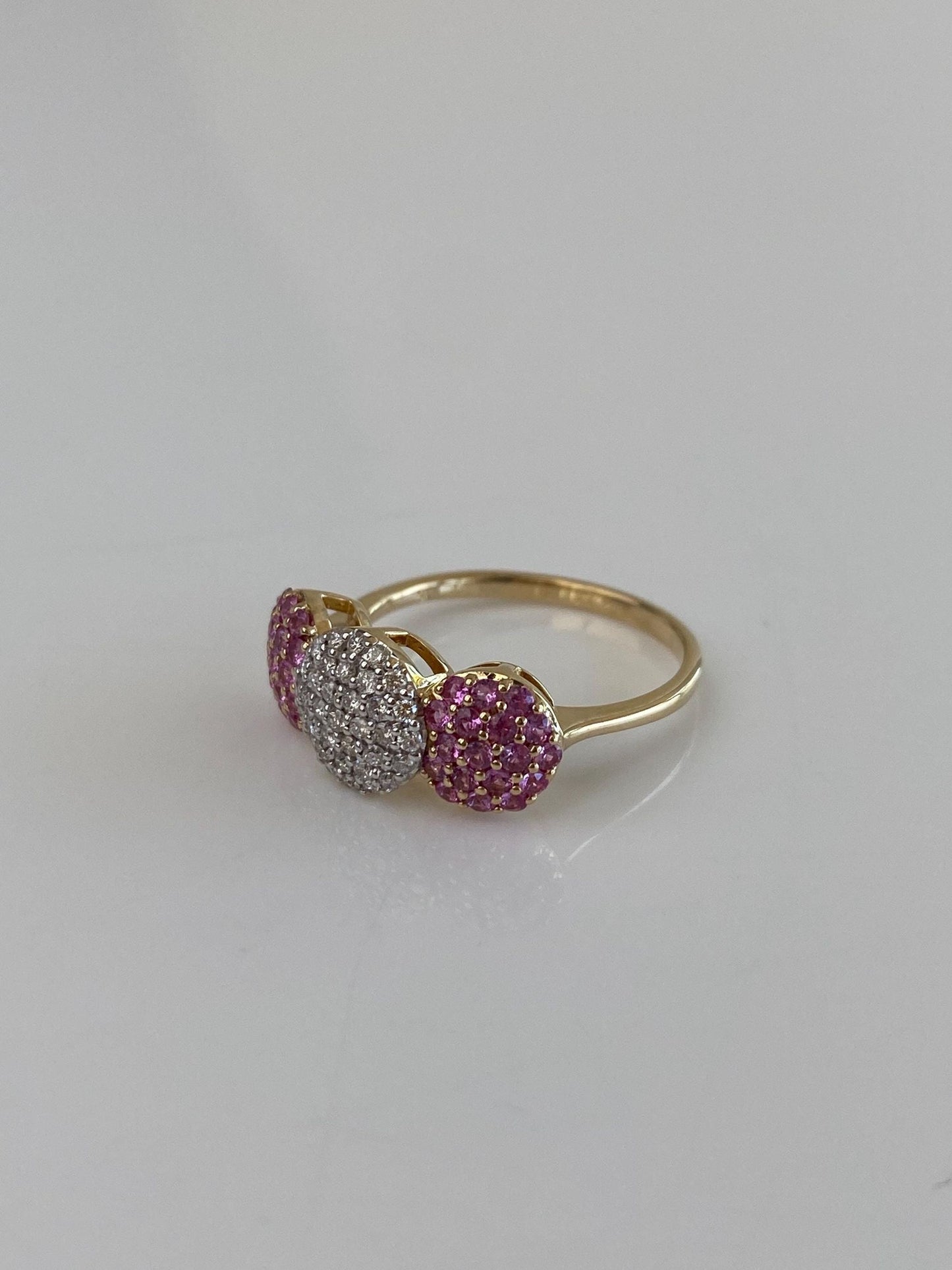 Vintage Solid 14k White & Yellow Gold Diamond Pink Spinel Clusters Ring - Size 6.75