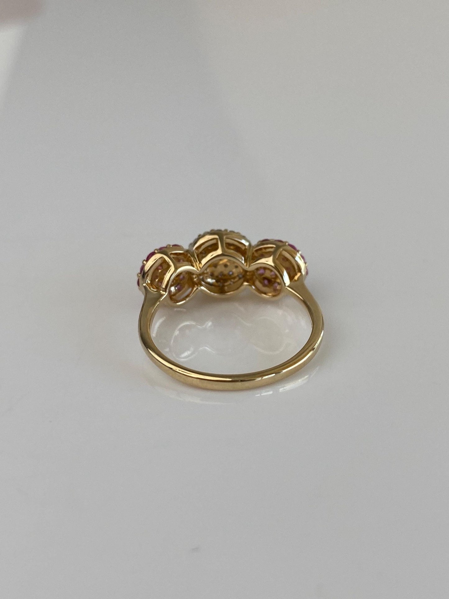 Vintage Solid 14k White & Yellow Gold Diamond Pink Spinel Clusters Ring - Size 6.75