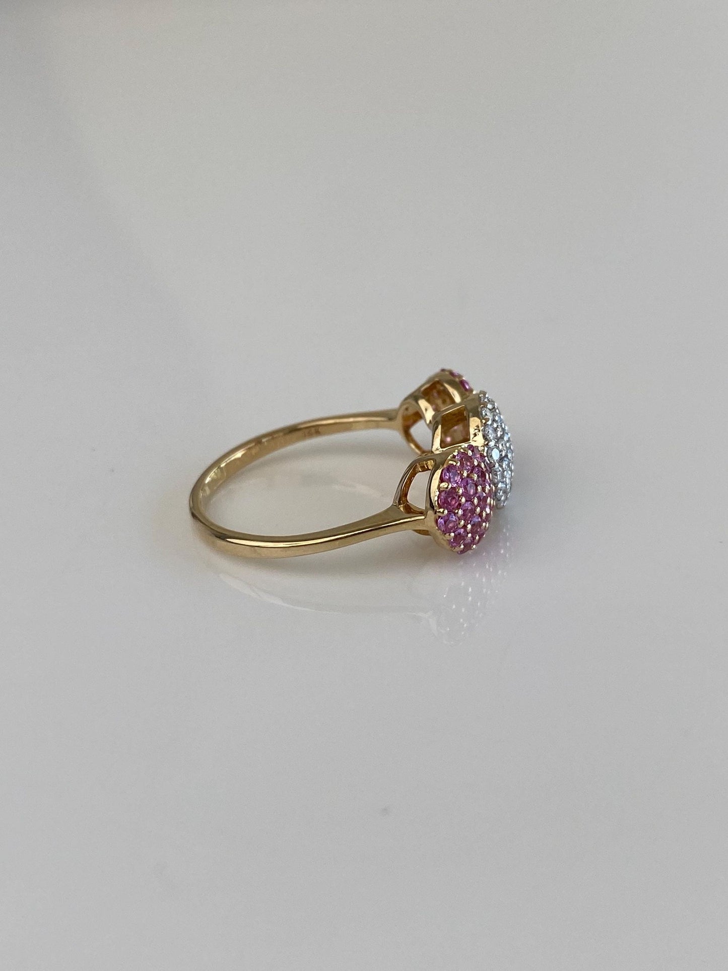 Vintage Solid 14k White & Yellow Gold Diamond Pink Spinel Clusters Ring - Size 6.75