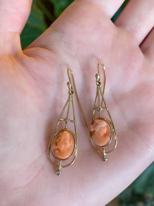 Vintage Solid 9k Yellow Gold Diamond Coral Cameo Dangle Earrings