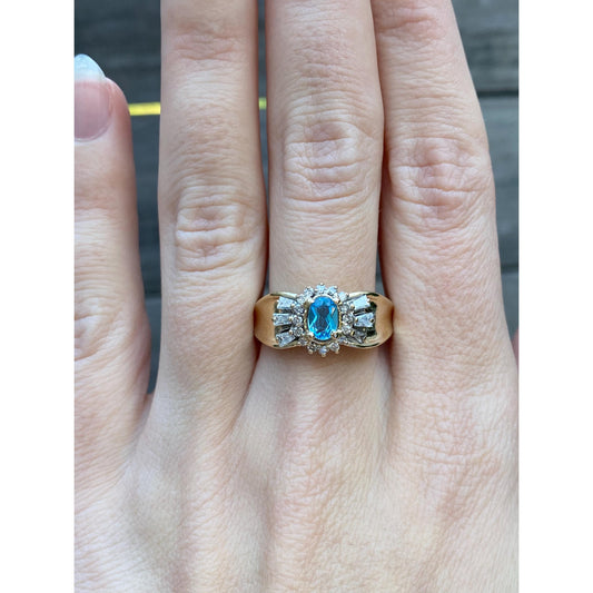 Vintage Solid 14k Yellow Gold Topaz Diamond Ring - Size 9.25