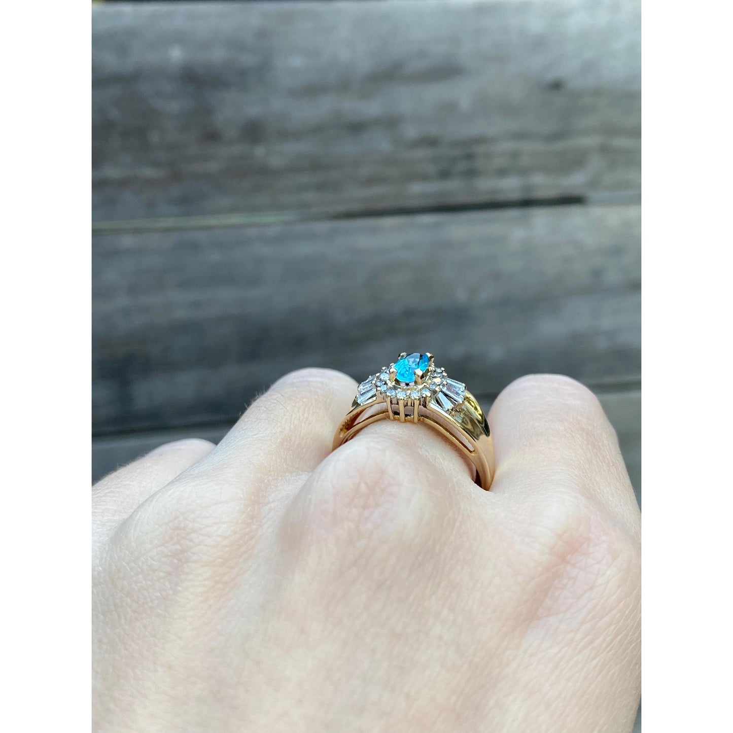 Vintage Solid 14k Yellow Gold Topaz Diamond Ring - Size 9.25