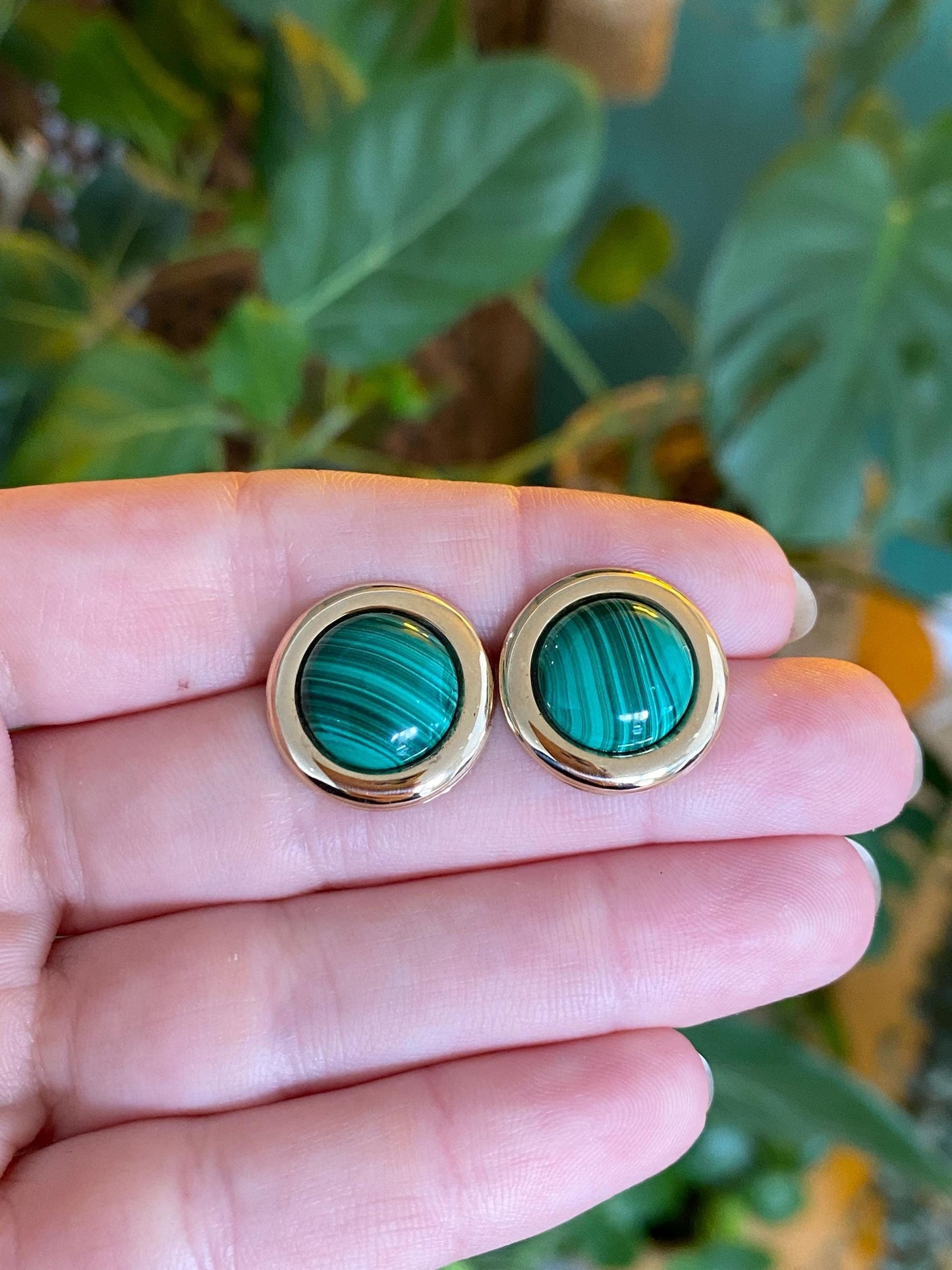 Vintage Solid 9k Yellow Gold Malachite Stud Earrings