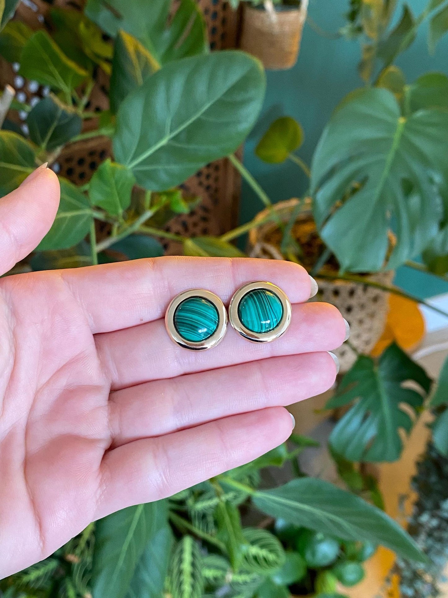 Vintage Solid 9k Yellow Gold Malachite Stud Earrings