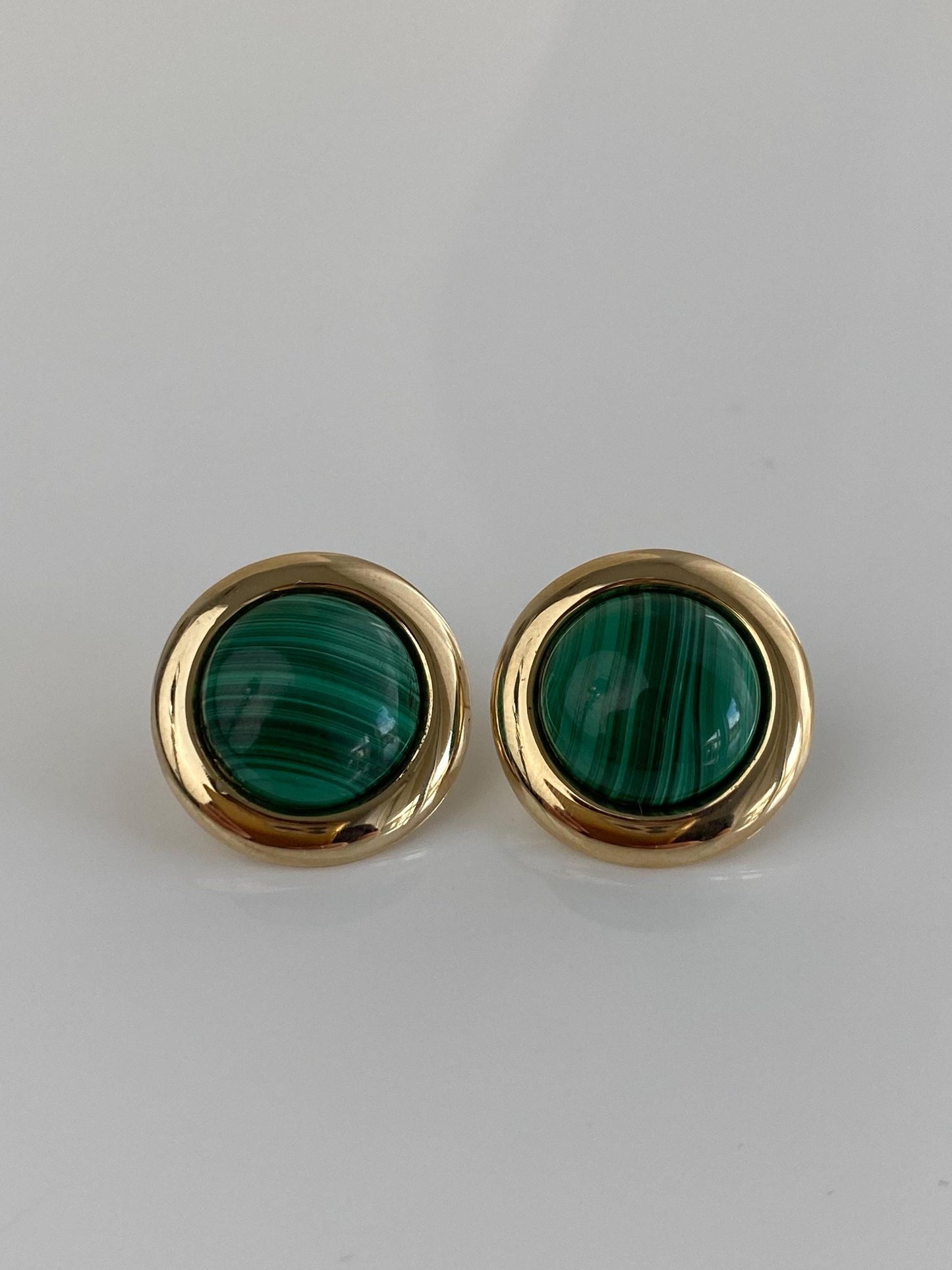 Vintage Solid 9k Yellow Gold Malachite Stud Earrings