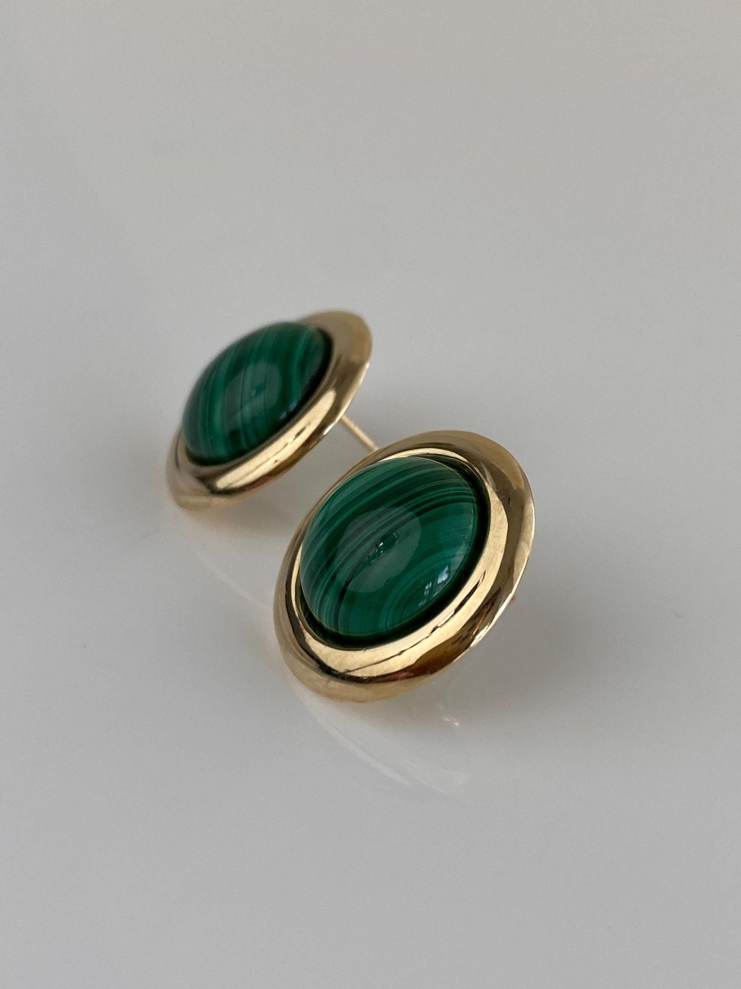 Vintage Solid 9k Yellow Gold Malachite Stud Earrings