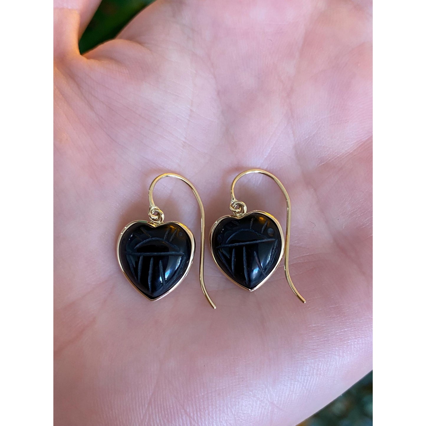 Solid 14k Black Onyx Carved Scarab Heart Dangle Earrings