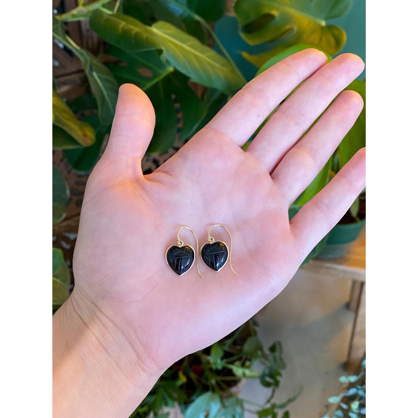 Solid 14k Black Onyx Carved Scarab Heart Dangle Earrings