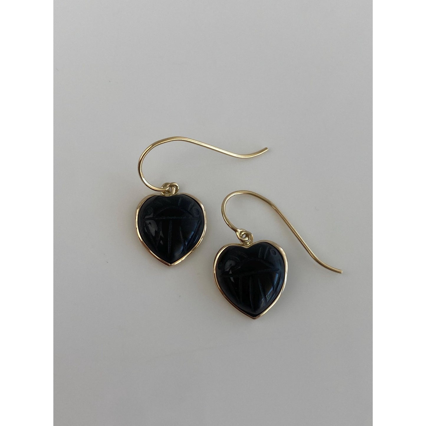 Solid 14k Black Onyx Carved Scarab Heart Dangle Earrings