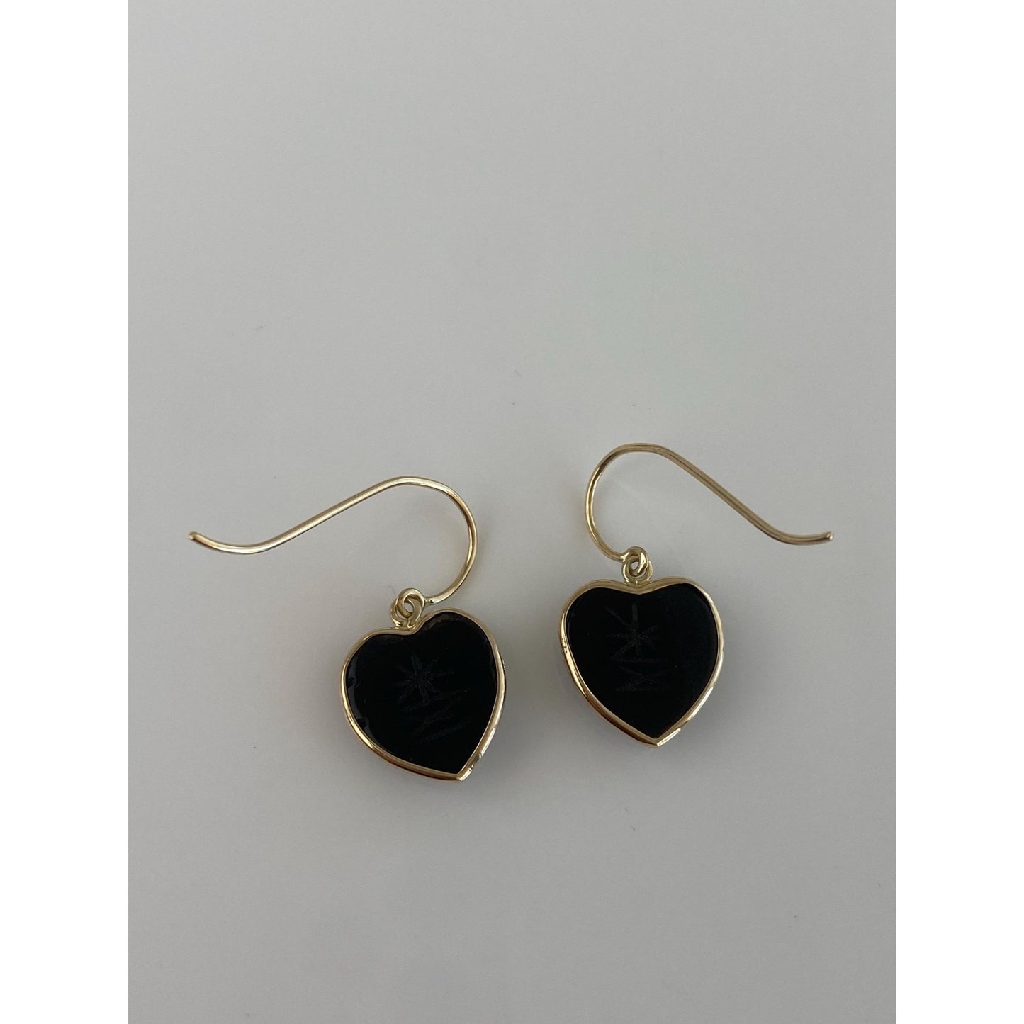 Solid 14k Black Onyx Carved Scarab Heart Dangle Earrings
