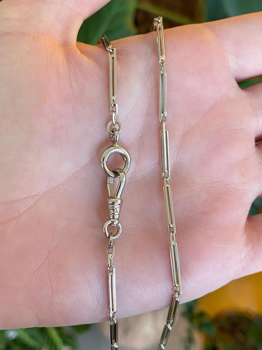 Vintage Solid 14k White Gold Barrel Link Pocket Watch Chain Necklace - 14 inches