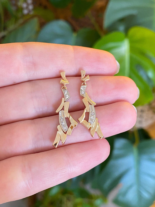 Vintage Solid 14k White & Yellow Gold Diamond Dangle Stud Earrings