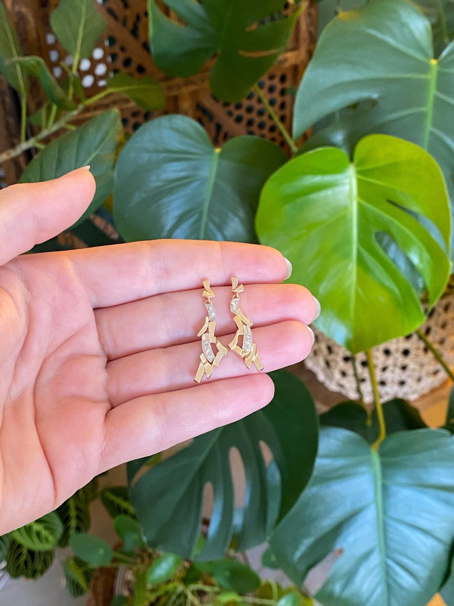 Vintage Solid 14k White & Yellow Gold Diamond Dangle Stud Earrings