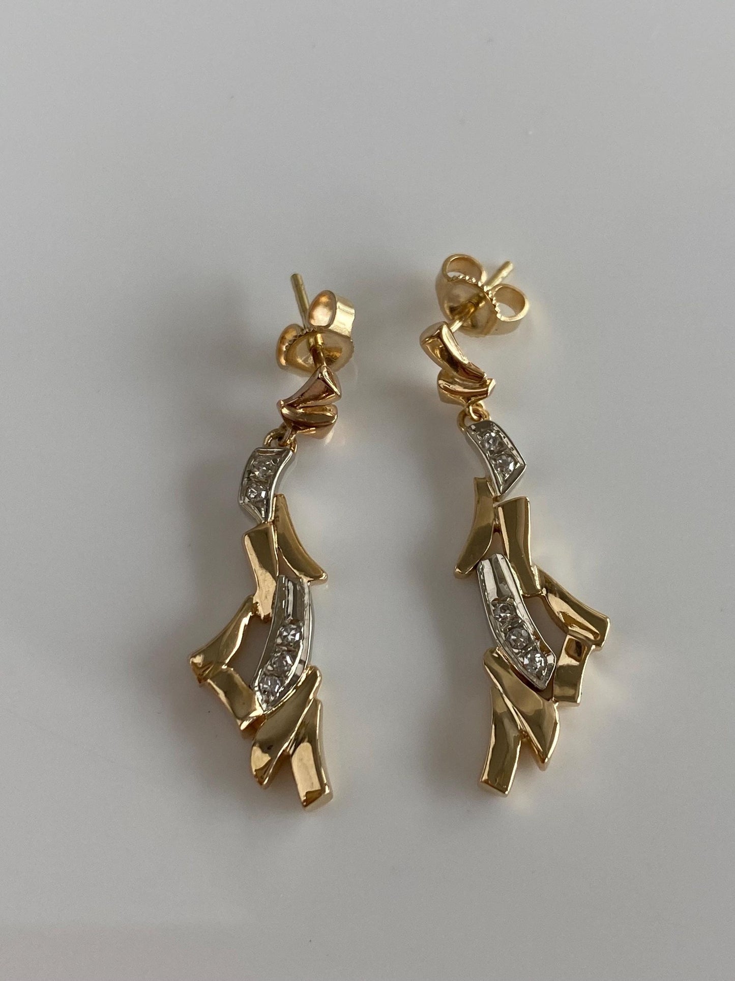 Vintage Solid 14k White & Yellow Gold Diamond Dangle Stud Earrings