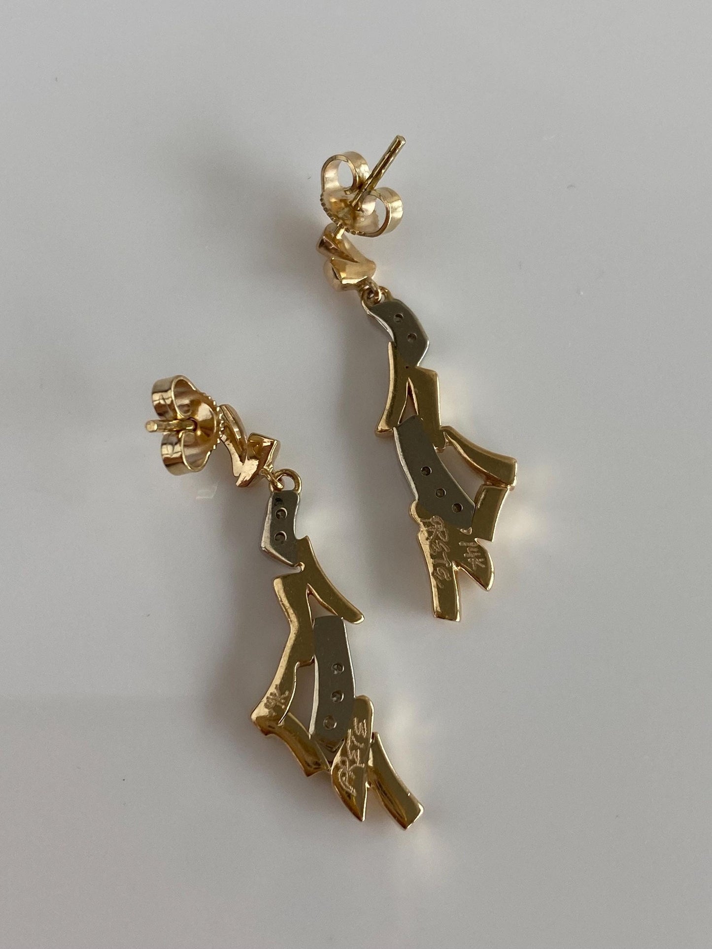 Vintage Solid 14k White & Yellow Gold Diamond Dangle Stud Earrings