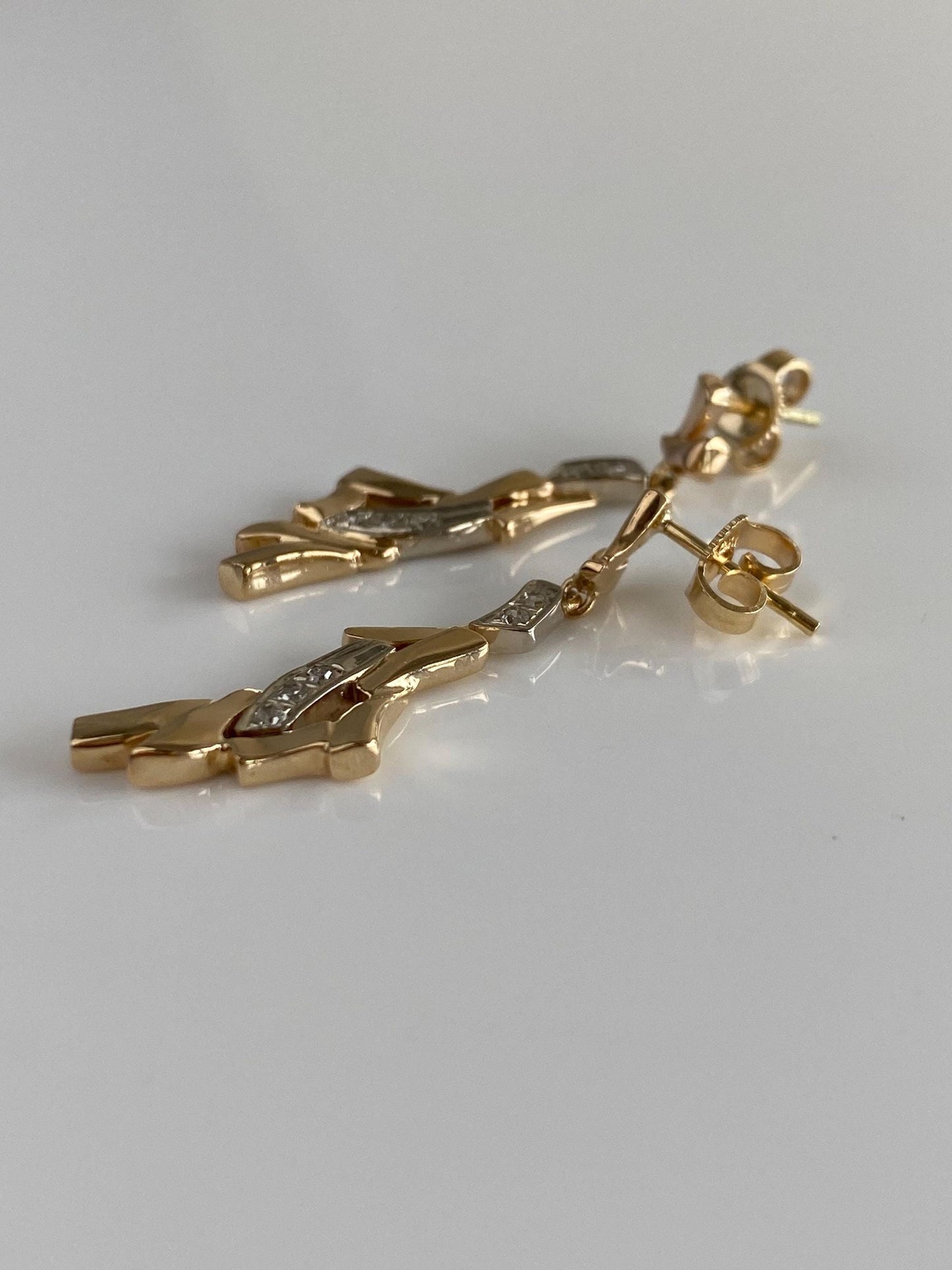 Vintage Solid 14k White & Yellow Gold Diamond Dangle Stud Earrings