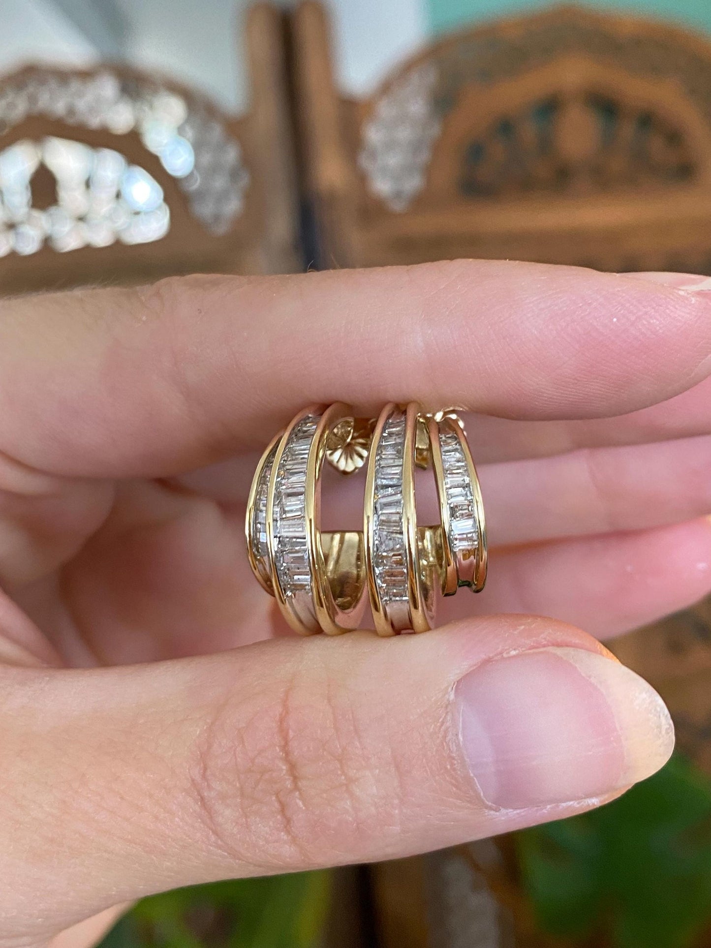 Vintage Solid 14k Yellow Gold Baguette Diamond Double Hoop Drop Earrings