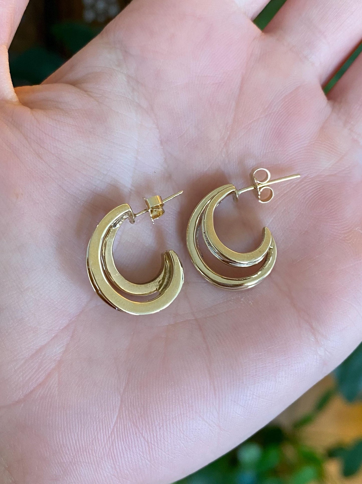 Vintage Solid 14k Yellow Gold Baguette Diamond Double Hoop Drop Earrings