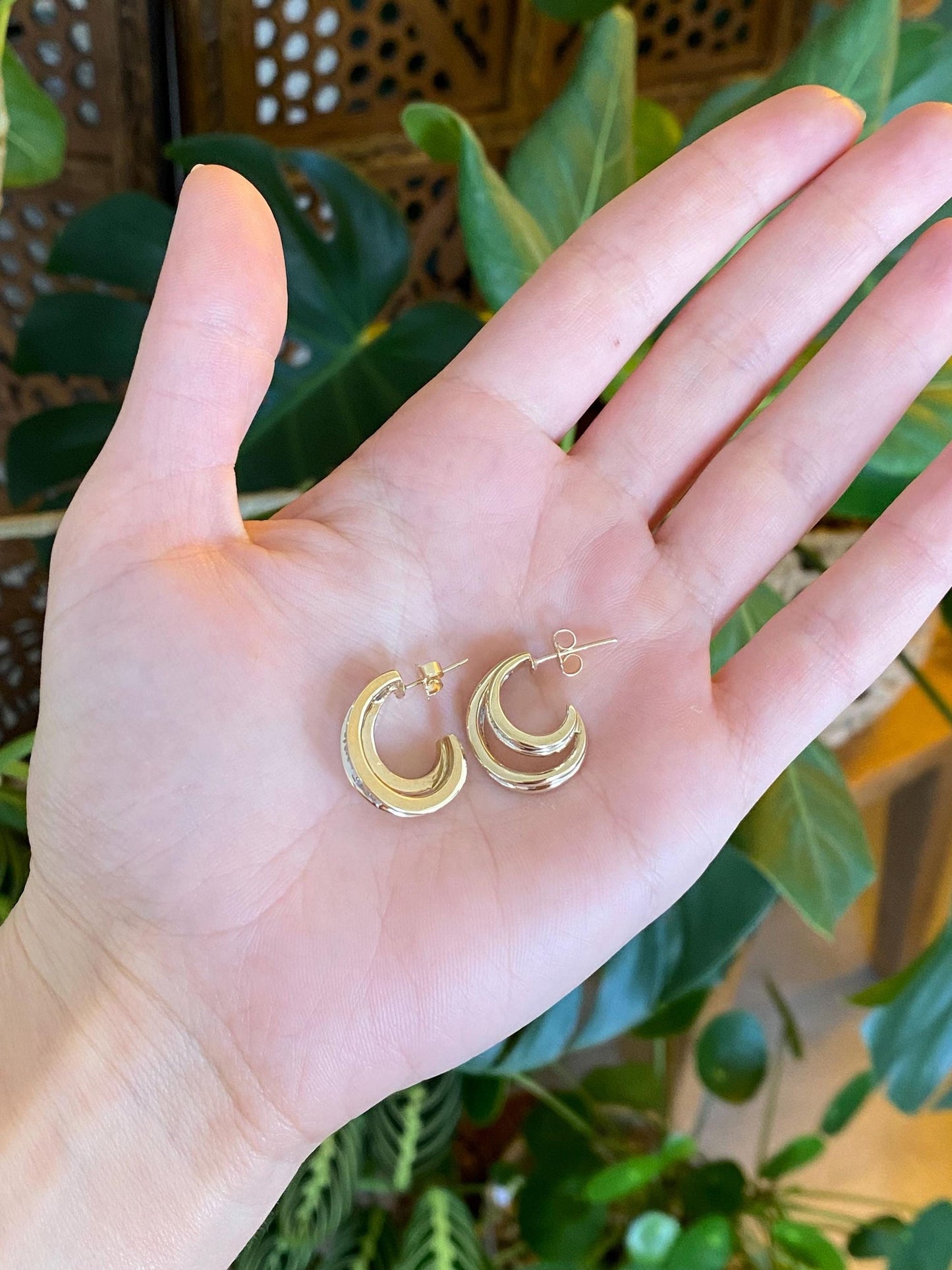 Vintage Solid 14k Yellow Gold Baguette Diamond Double Hoop Drop Earrings