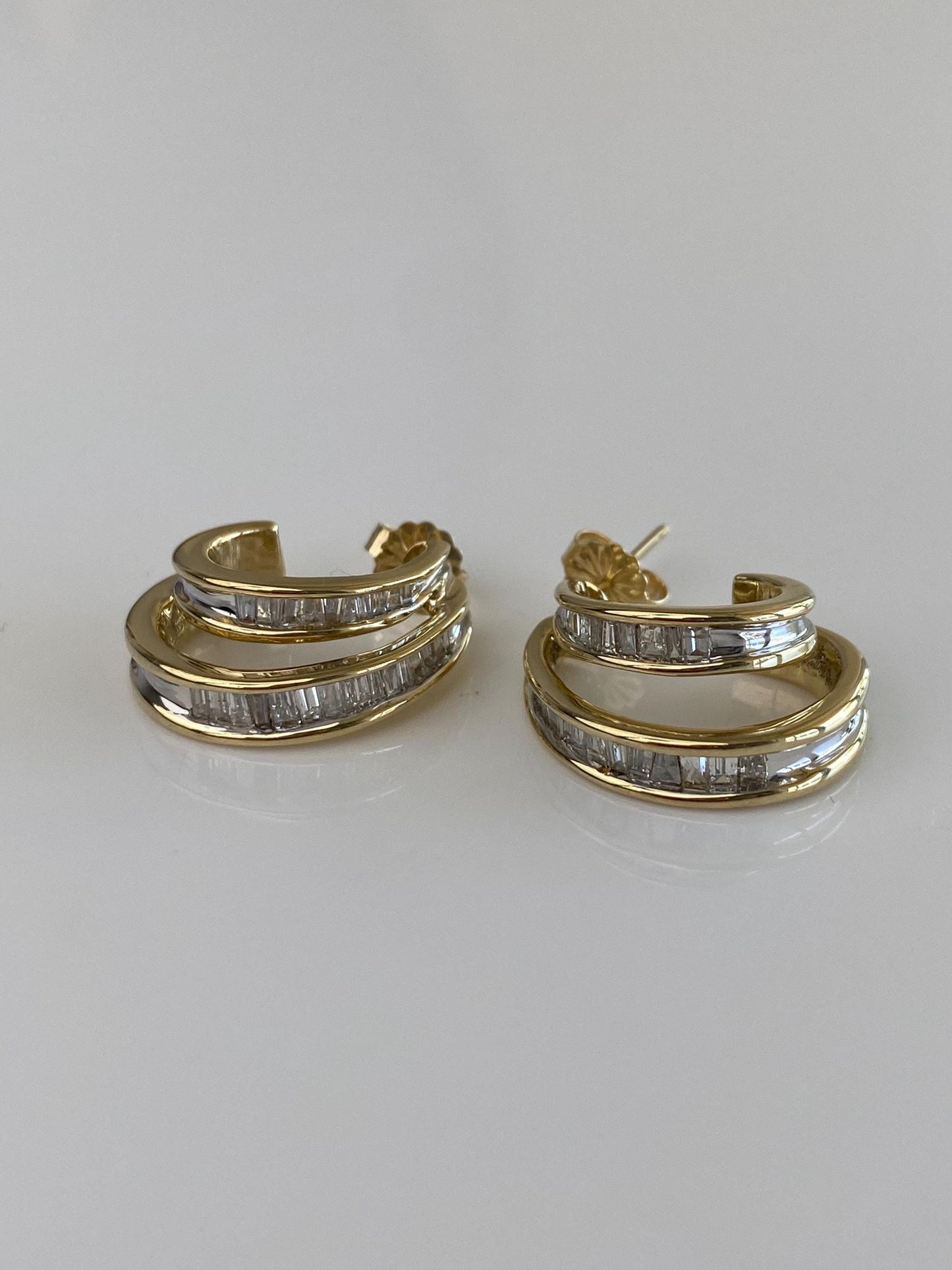 Vintage Solid 14k Yellow Gold Baguette Diamond Double Hoop Drop Earrings