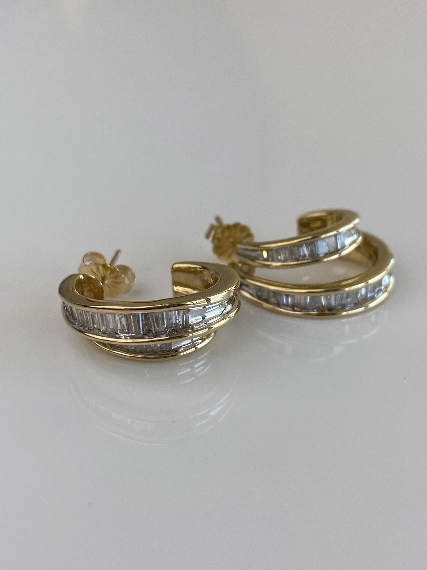 Vintage Solid 14k Yellow Gold Baguette Diamond Double Hoop Drop Earrings