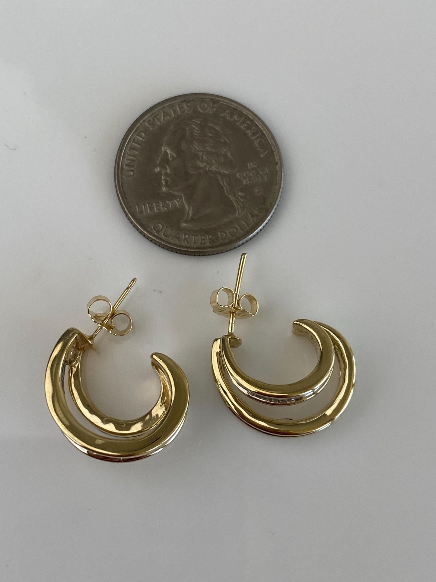 Vintage Solid 14k Yellow Gold Baguette Diamond Double Hoop Drop Earrings
