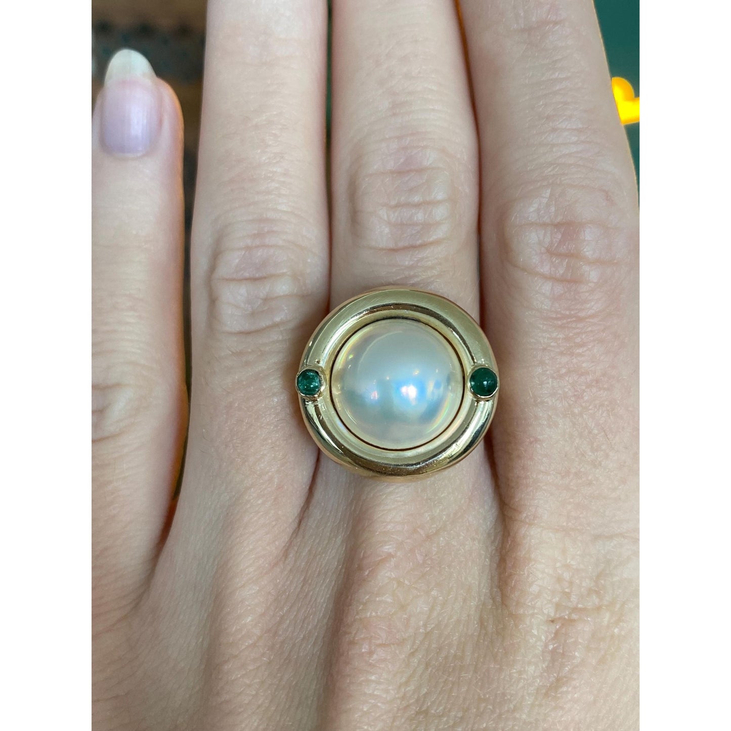 Vintage Solid 14k Yellow Gold Emerald Large Pearl Ring - Size 4.5