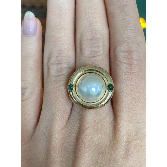 Vintage Solid 14k Yellow Gold Emerald Large Pearl Ring - Size 4.5