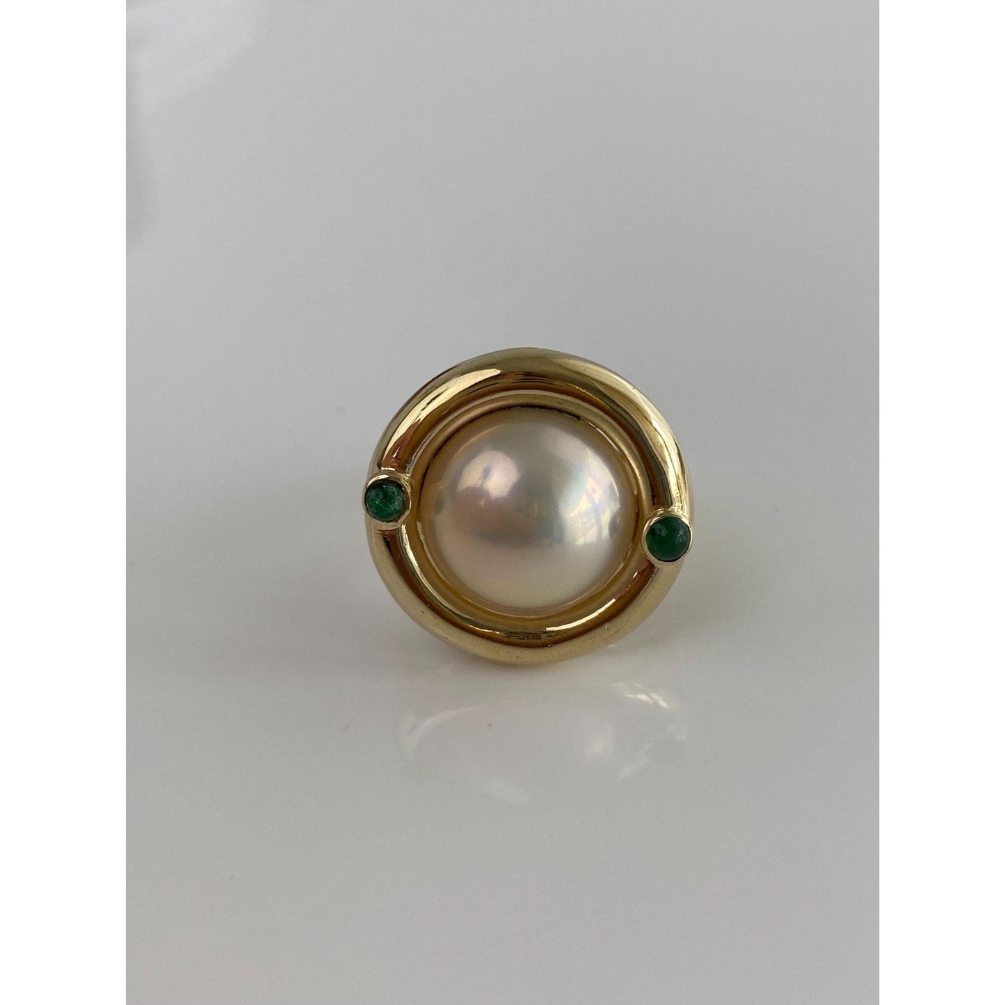 Vintage Solid 14k Yellow Gold Emerald Large Pearl Ring - Size 4.5