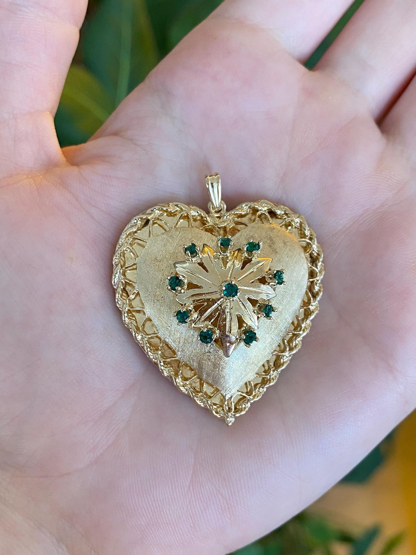Vintage 14k Yellow Gold Green Cubic Zirconia Large Open Work Heart Charm