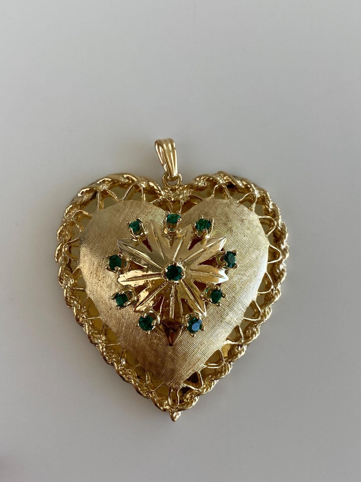 Vintage 14k Yellow Gold Green Cubic Zirconia Large Open Work Heart Charm