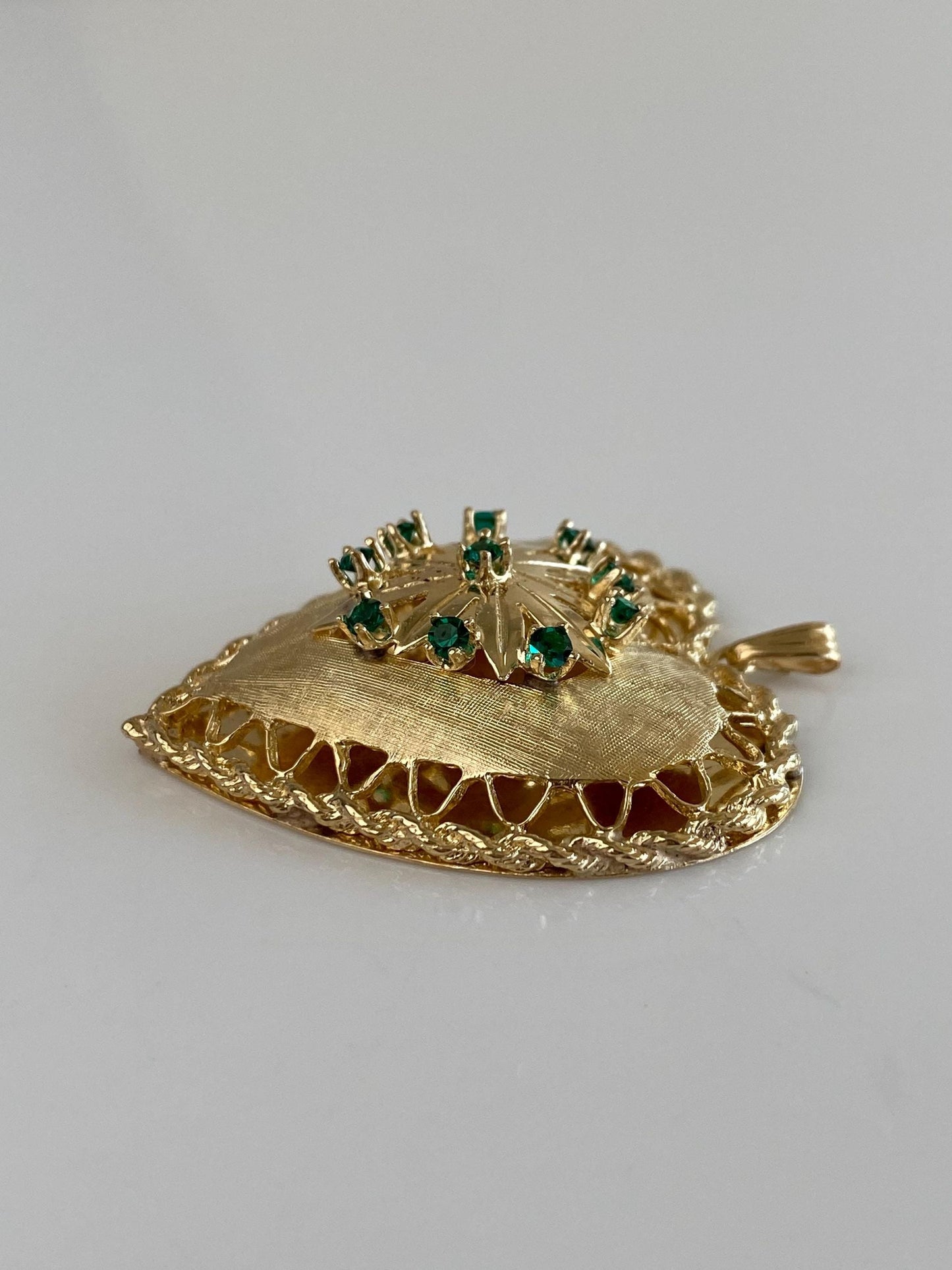 Vintage 14k Yellow Gold Green Cubic Zirconia Large Open Work Heart Charm