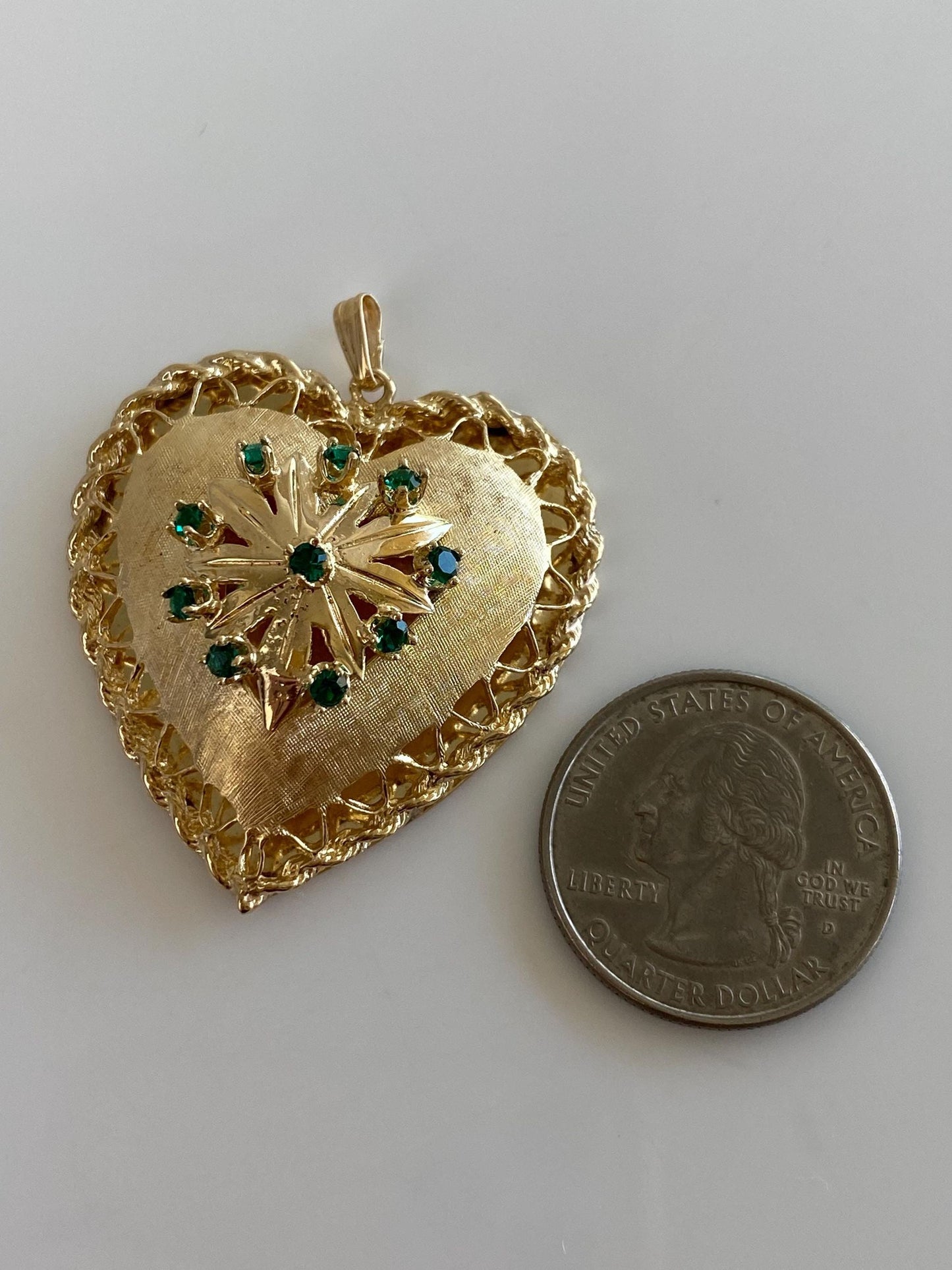 Vintage 14k Yellow Gold Green Cubic Zirconia Large Open Work Heart Charm
