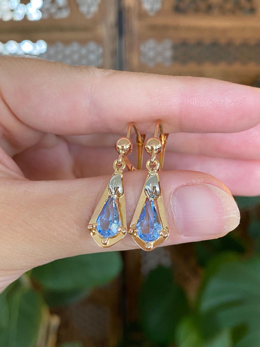 Vintage Solid 18k White & Yellow Gold Blue Cubic Zirconia Dangle Earrings