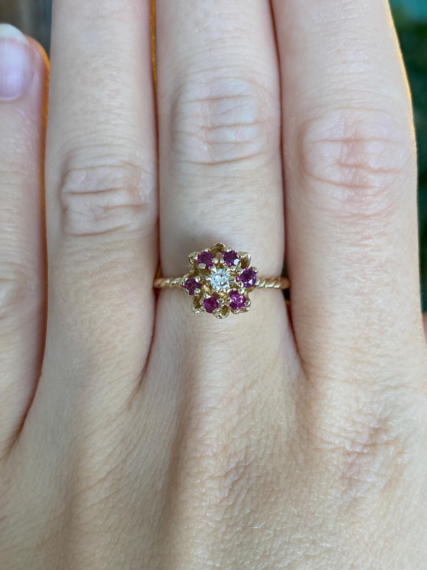 Vintage Solid 14k Yellow Gold Pink Sapphire Halo Diamond Flower Ring - Size 6.25