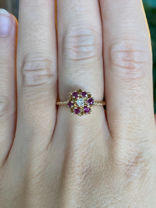 Vintage Solid 14k Yellow Gold Pink Sapphire Halo Diamond Flower Ring - Size 6.25